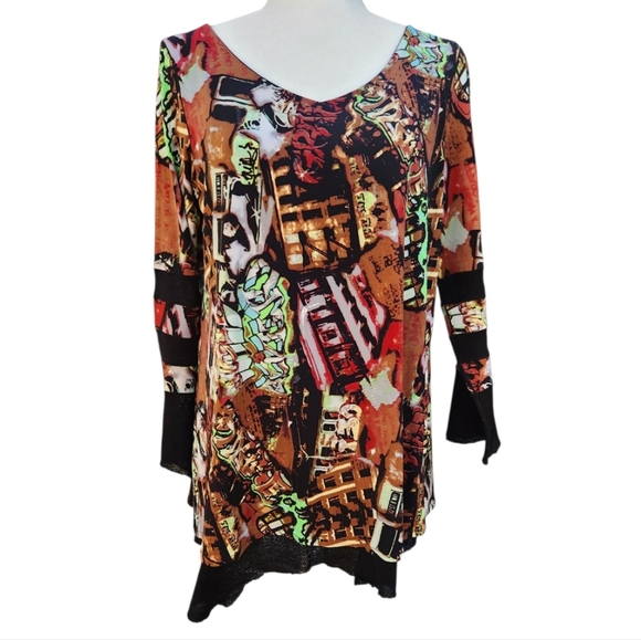eva varro Tops - Eva Varro Abstract Art Asymmetrical Tunic Top Large Black Edgy Boho Artsy